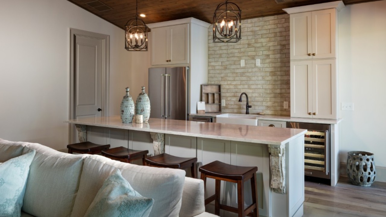 living room with white marble countertops