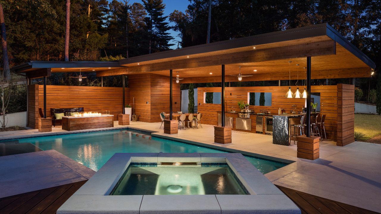 custom pool with fireplace