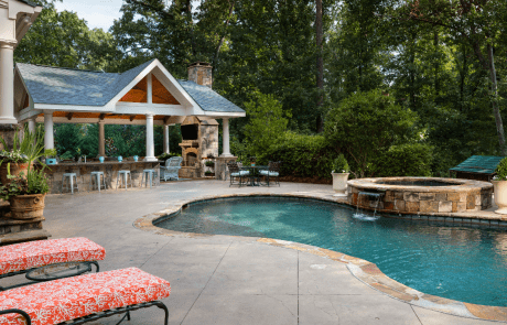 custom pool with fireplace