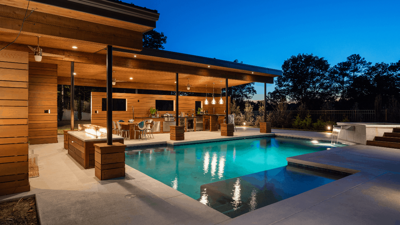 custom pool and fireplace