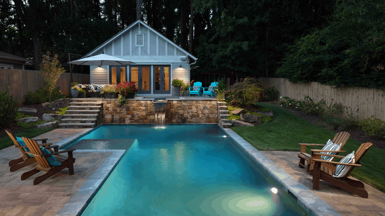 cregan-gallery-1 Custom pool design and backyard renovation in Atlanta includes a stunning, custom rectilinear swimming pool with irregular Tennessee gray flagstone coping