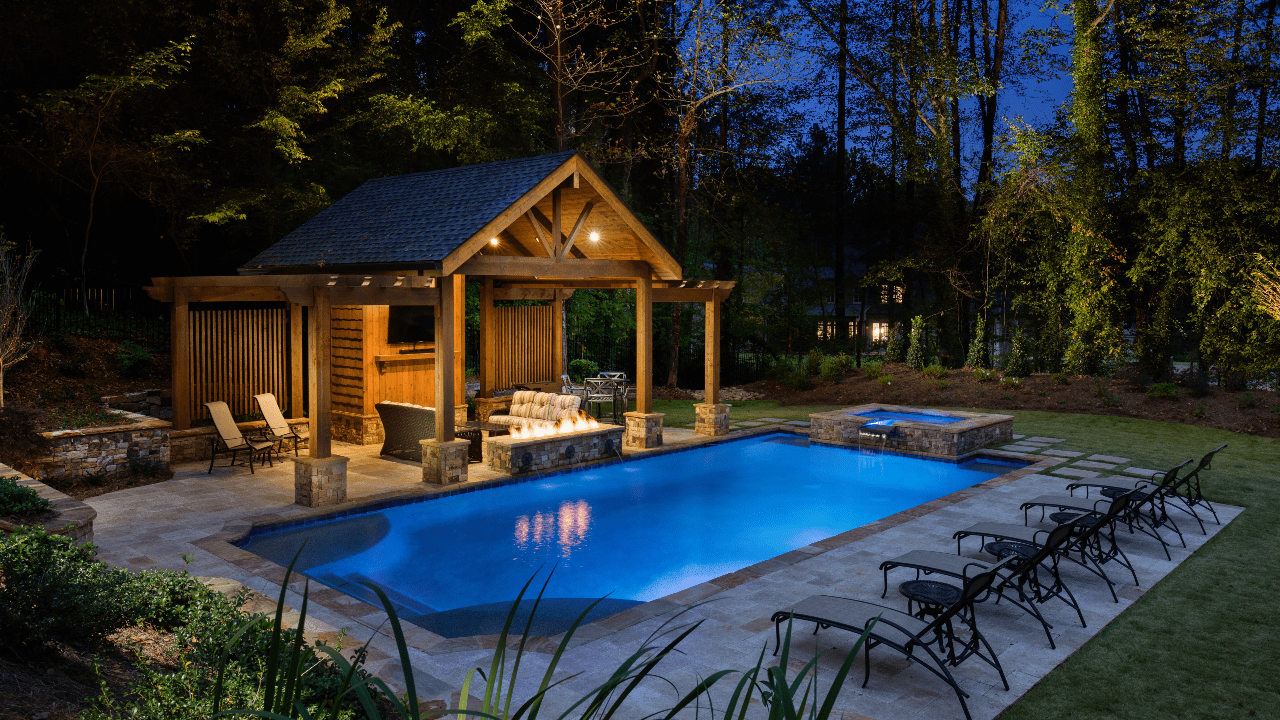 custom pool with fireplace