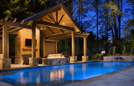 custom pool with fireplace