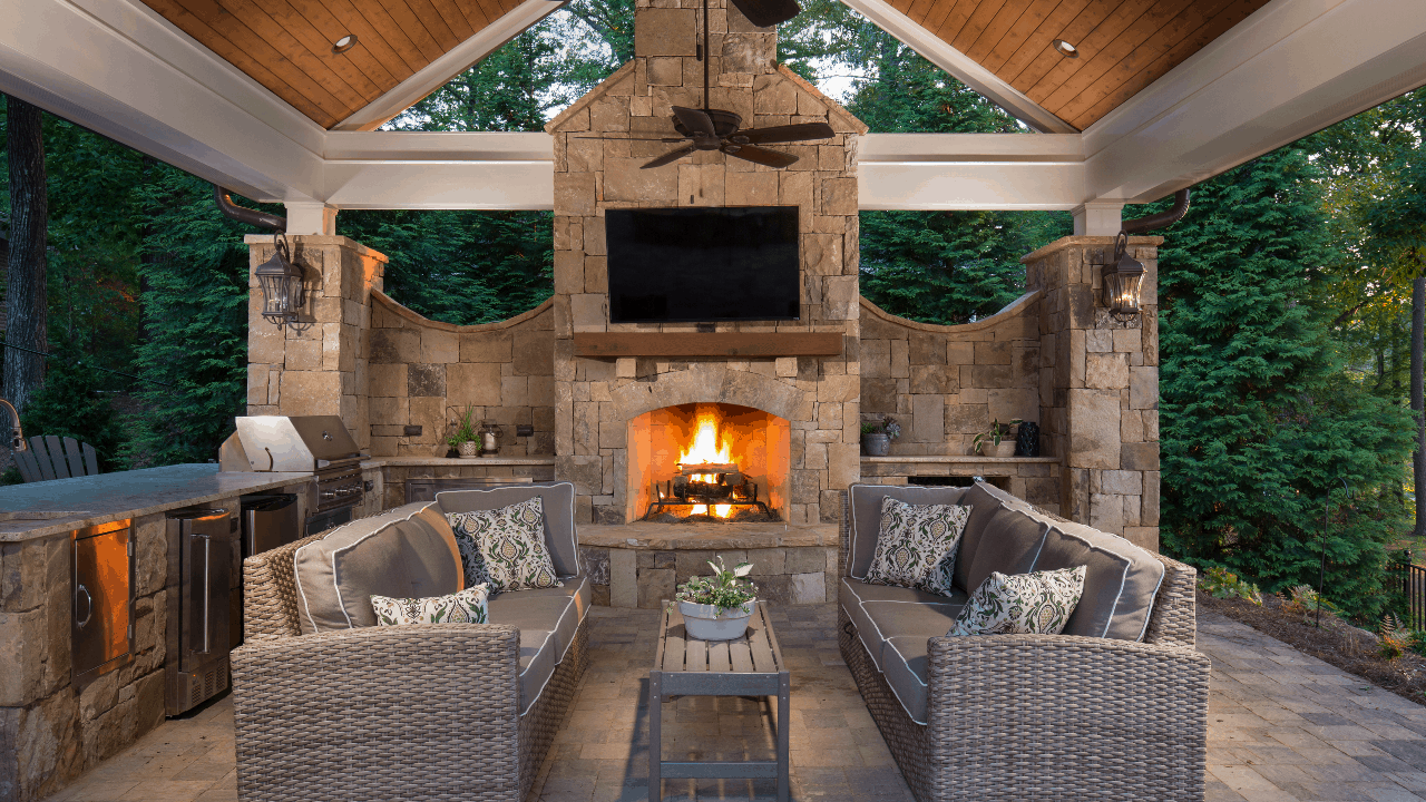 outdoor patio with fireplace