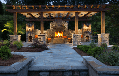 outdoor porch with wooden fireplace
