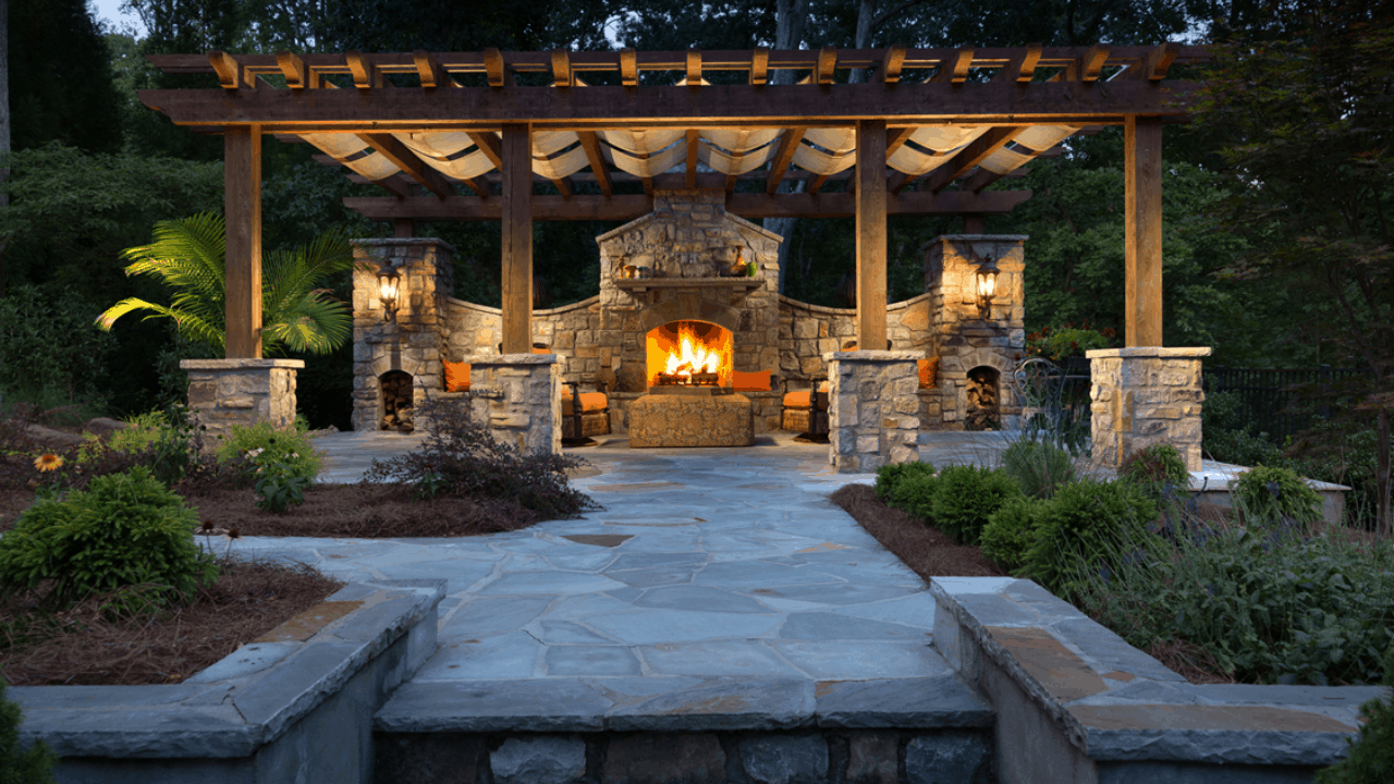 outdoor porch with wooden fireplace