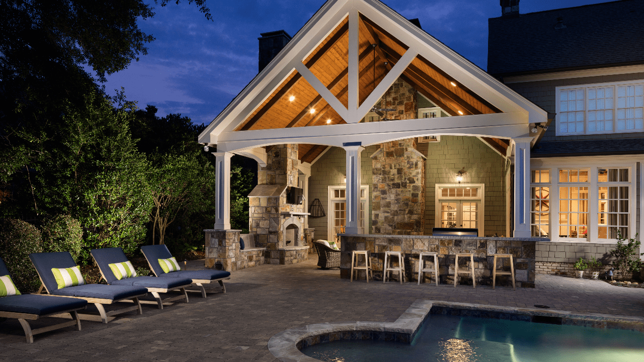 custom pool with fireplace