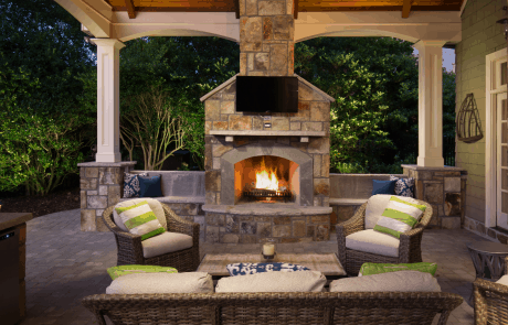 outdoor patio with fireplace