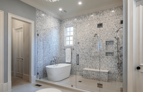 Master Bathroom Remodel & Wet Room with Porcelain Tile Floors, Mosaic Marble Tile, Polished Nickel Fixtures, Freestanding Soaking Tub, Frameless Glass Shower with Shower Bench & Niche and Shower System with Multiple Shower Heads & Body Sprays.