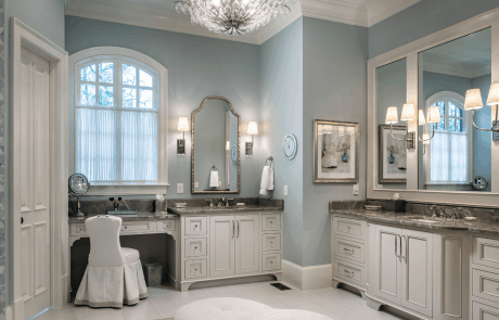 Master Bathroom Remodel with Porcelain Tile Floor, White Beaded Inset Custom Vanities, Quartzite Countertops, Custom Framed Mirrors, Crystal Chandelier and Polished Nickel Fixtures