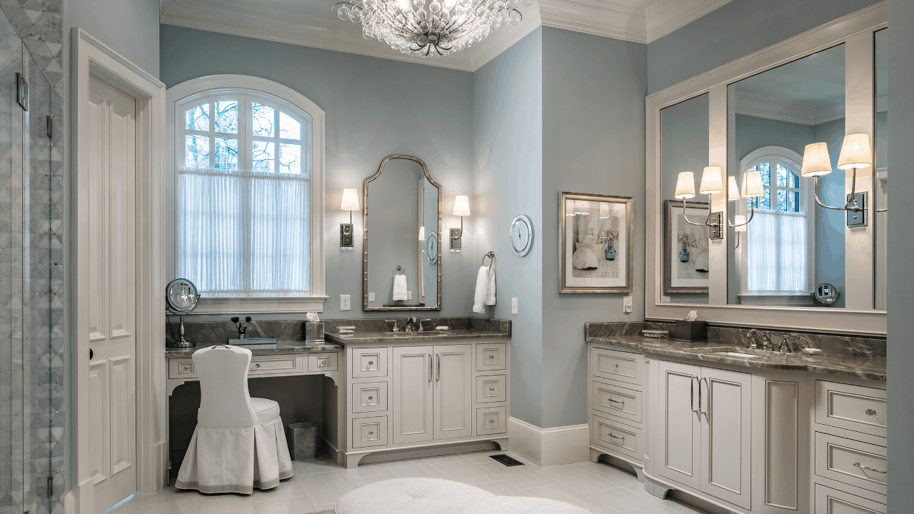 Master Bathroom Remodel with Porcelain Tile Floor, White Beaded Inset Custom Vanities, Quartzite Countertops, Custom Framed Mirrors, Crystal Chandelier and Polished Nickel Fixtures