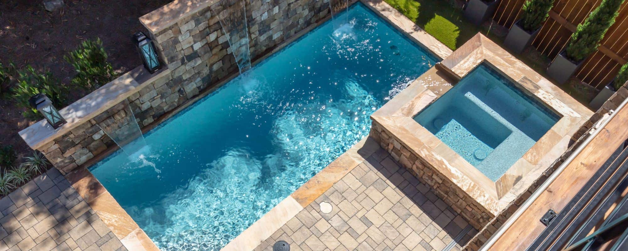 Ariel view renovated patio with pool
