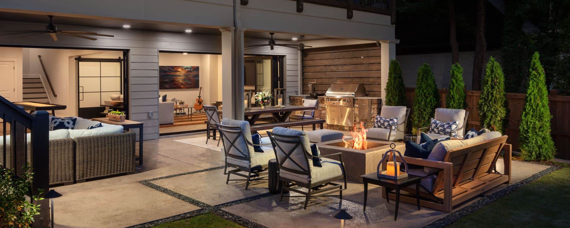 patio with six chairs and wooden fireplace