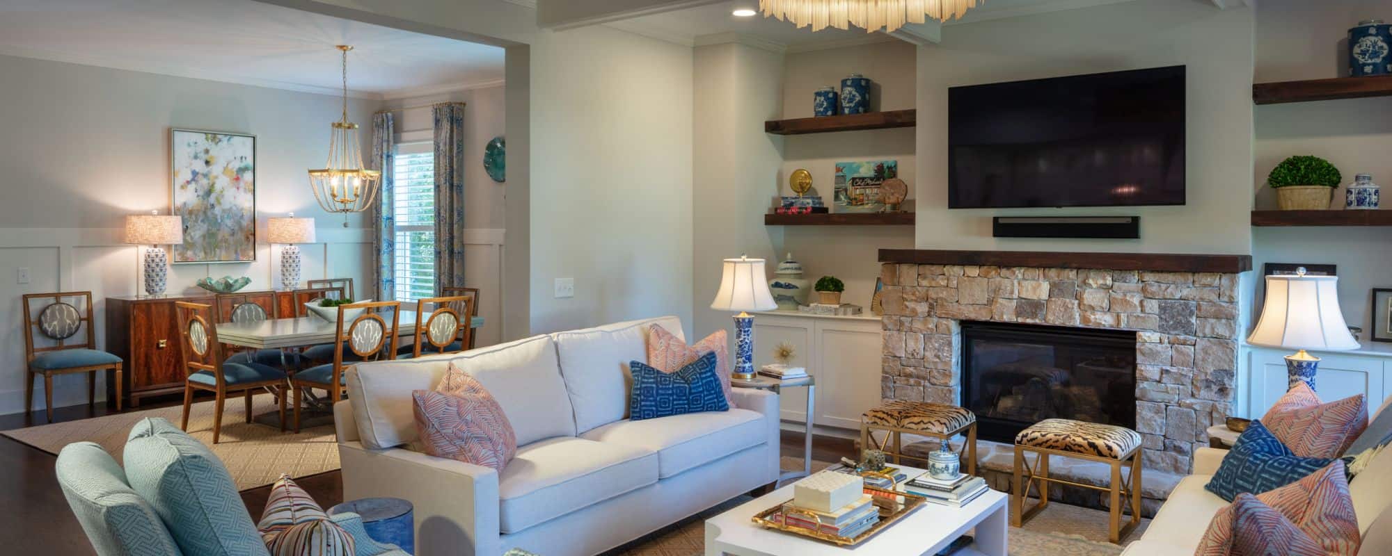 large living room with fireplace