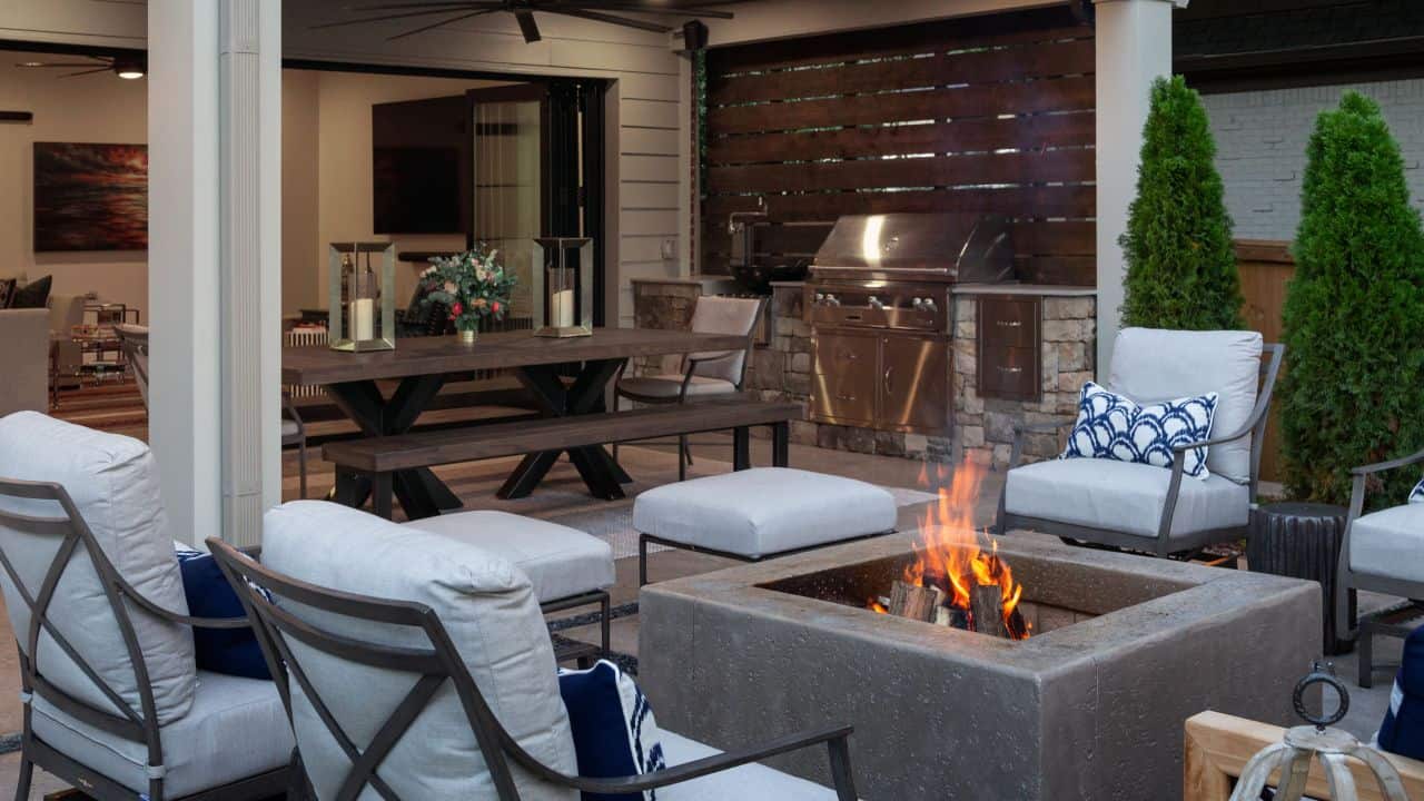 patio with wooden fireplace
