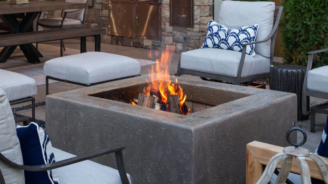 patio with wooden fireplace
