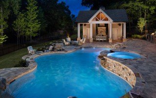 custom design pool and jacuzzi with fire place