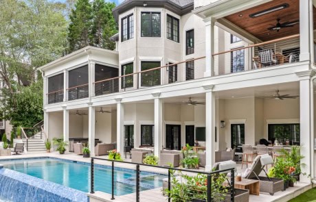 Ray-62A-Gallery Modern luxury outdoor living retreat featuring a custom infinity-edge pool, spa, and multi-level entertaining spaces designed and built by Boyce Design + Build in Duluth, GA.